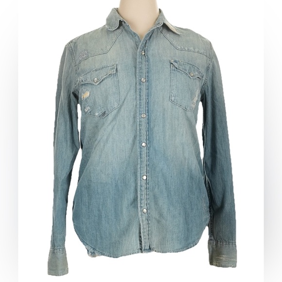 Ralph Lauren Dungarees Distressed Denim Button Up Shirt Pearl Snap Western Women - Picture 3 of 7